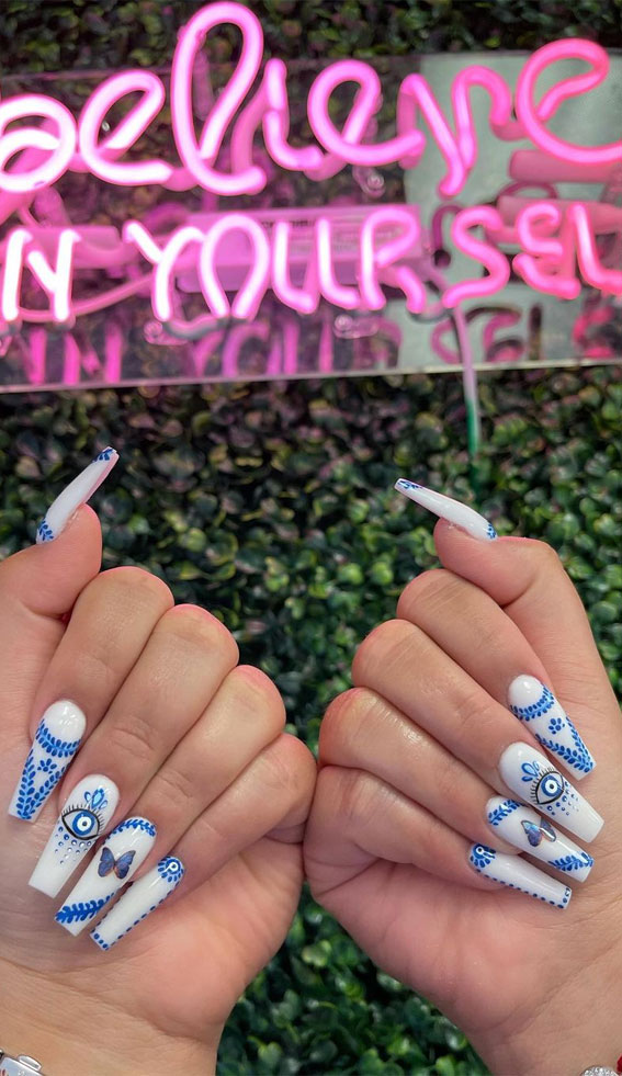 20 Celebrate Summer with Fiesta-inspired Nail Art Designs : Blue & White Mexican Vibes