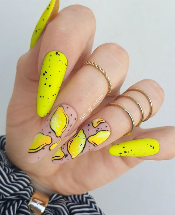 Refreshing Nail Art Inspired by Zesty Summertime Citrus Fruit : Speckled Yellow + Lemon Nails