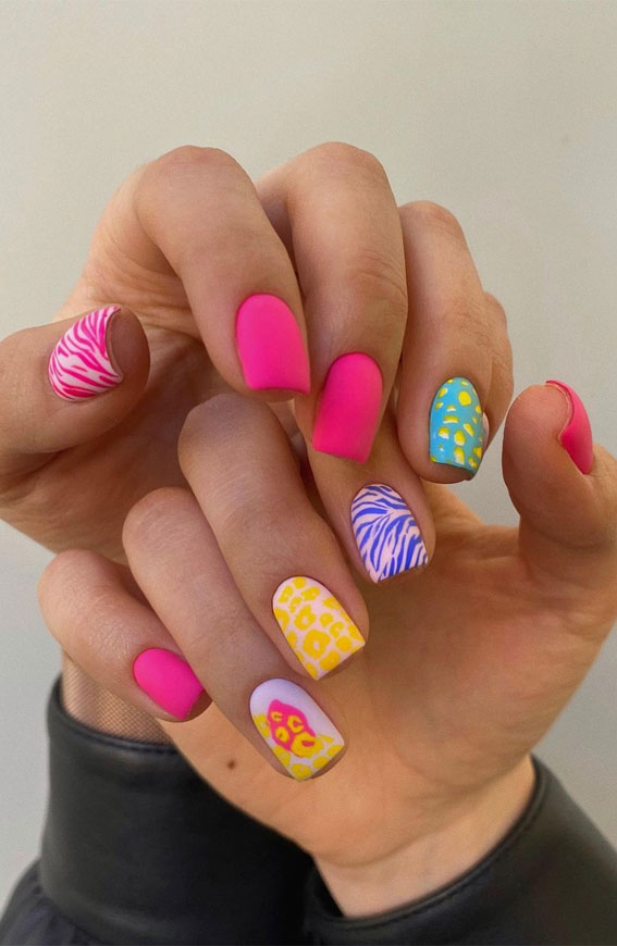 Dive Into Summer With Vibrant Nail Art Designs : Animal Print Bright Short Nails