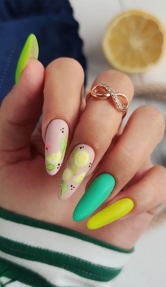 Refreshing Nail Art Inspired by Zesty Summertime Citrus Fruit : Lime Green & Yellow Matte Nails