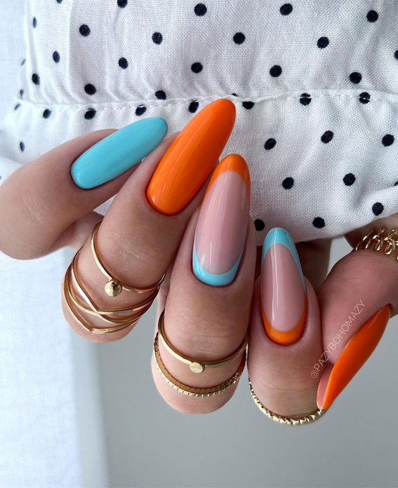 blue and orange nails, vibrant nails, summer nails, bright nails, summer nail art, summer nail inspo, summer nail designs, colorful nails, pick n mix nails, almond nails, acrylic nails