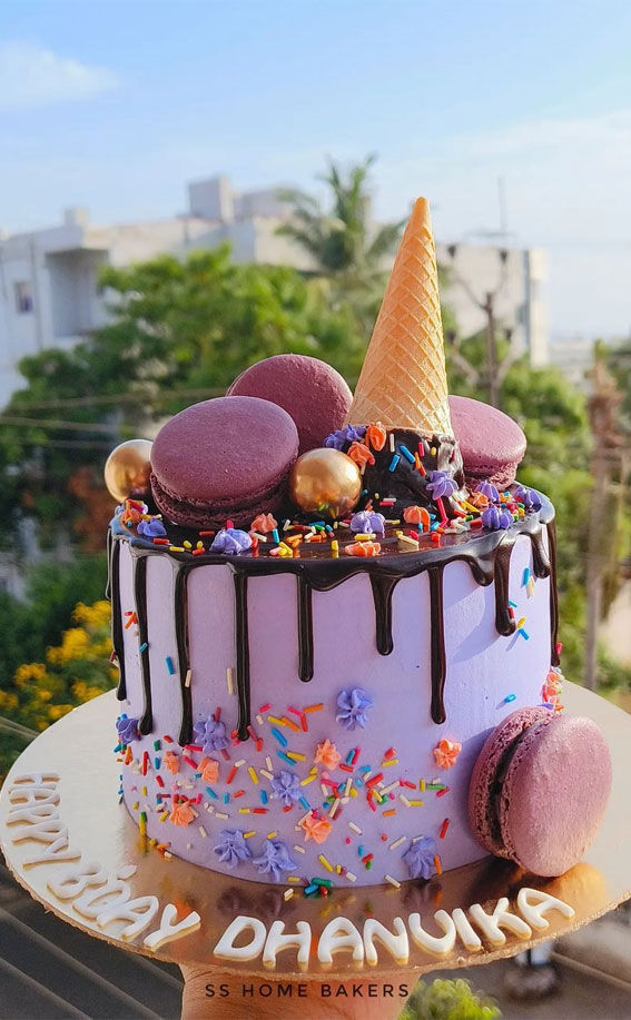 50 Layers of Happiness Birthday Cakes that Delight : Ice cream cone cake with macaroons