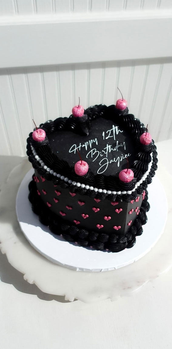 50 Layers of Happiness Birthday Cakes that Delight : Black Cake with Pink Hearts