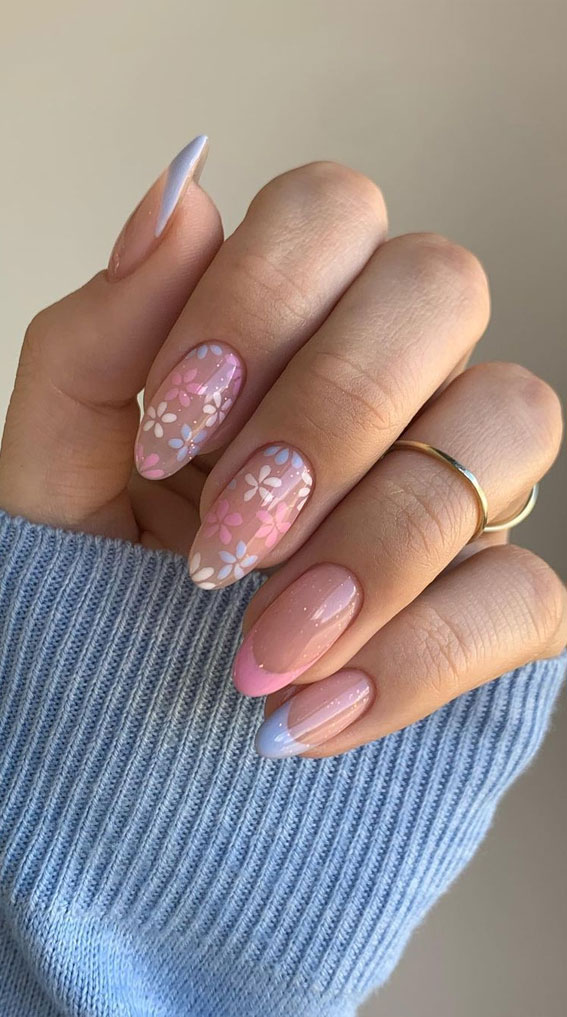 Bloom into Summer with Gorgeous Floral Nail Designs : Blue & Pink Floral Nails