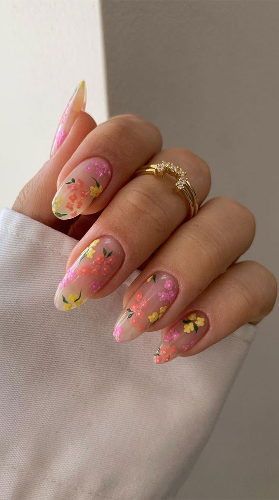 Bloom into Summer with Gorgeous Floral Nail Designs : Sweetest Floral on Sheer Nails