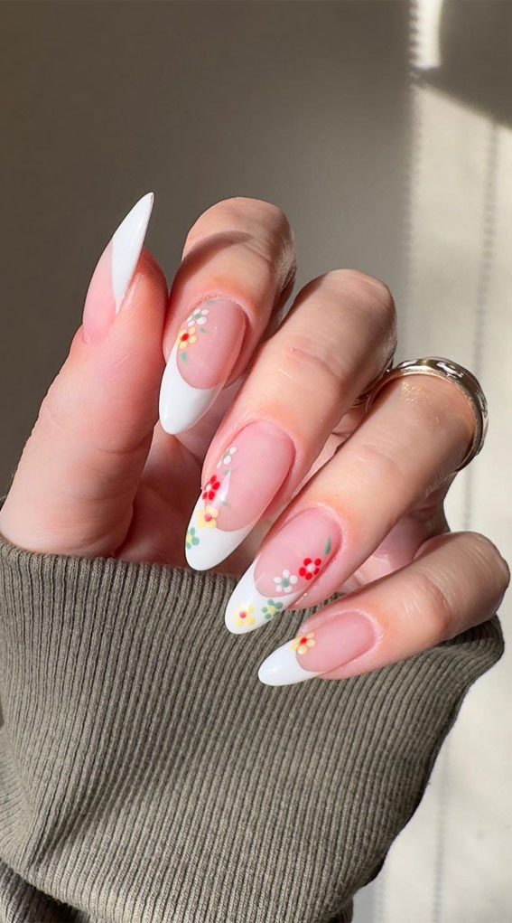 Bloom into Summer with Gorgeous Floral Nail Designs : Colourful Flower White French Tips