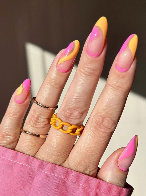 30 Playful Pink Nail Art Designs For Every Occasion : Pink & Yellow Fun Swirl Nails