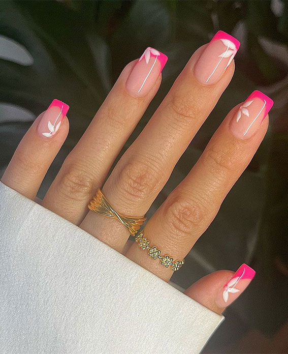 30 Playful Pink Nail Art Designs For Every Occasion : Hot Pink French Tips with White Floral Accents