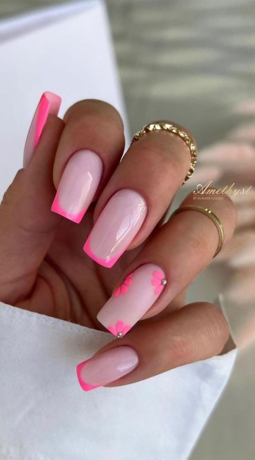 30 Playful Pink Nail Art Designs For Every Occasion Bright Pink French Tips With Flowers