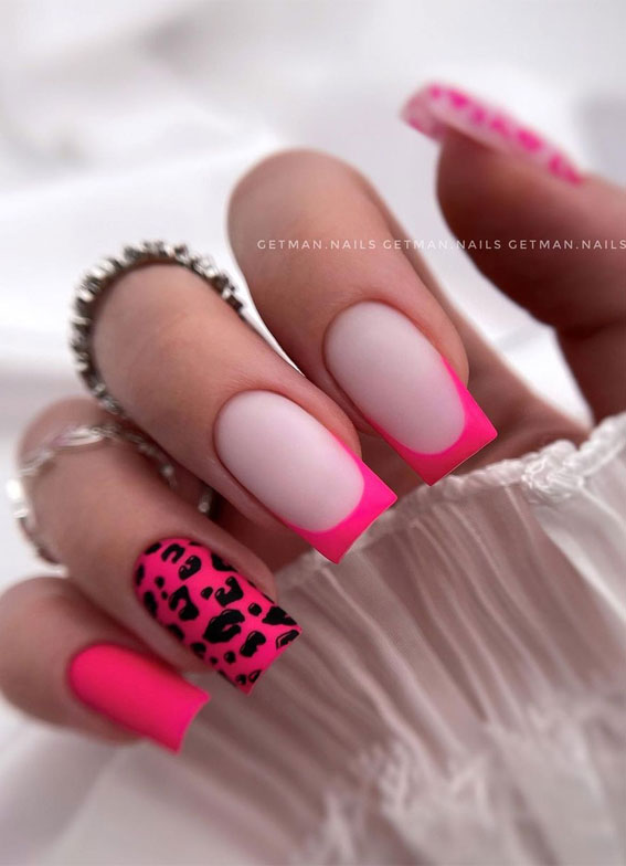 30 Playful Pink Nail Art Designs For Every Occasion : Matte Hot Pink Tips & Leopard Pink Nails