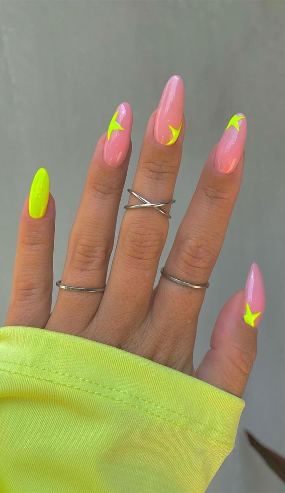 Channel the Enchanting Spirit of Summer on Your Nails : Yellow Neon Star Nails