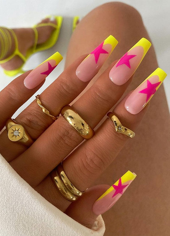 Celebrate Summer with These Cute Nail Art Designs : Yellow Tips with Pink Stars