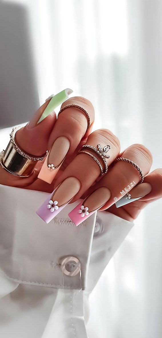 Channel the Enchanting Spirit of Summer on Your Nails : Pastel French Tips with 3D Florals