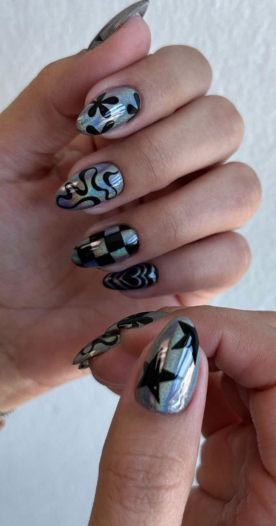 Channel the Enchanting Spirit of Summer on Your Nails : Silver Chrome Pick n Mix Nails