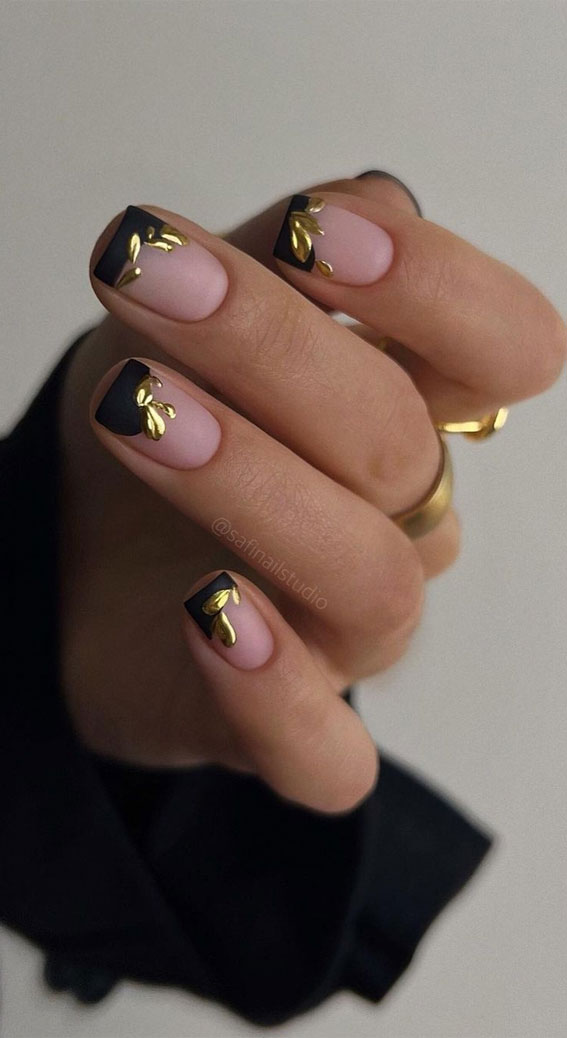 Channel the Enchanting Spirit of Summer on Your Nails : Black Abstract Tips + Gold Leaf