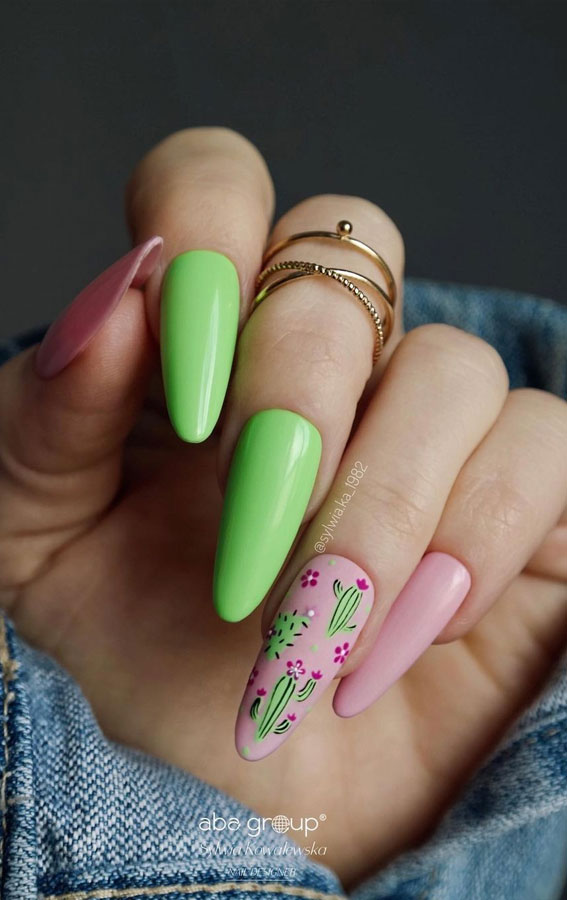 Channel the Enchanting Spirit of Summer on Your Nails : Cactus Green & Pink Nails