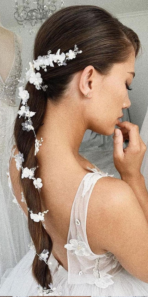 35 Enchanting Hairstyles for a Fairytale Wedding : Ponytail with White Floral Accessories