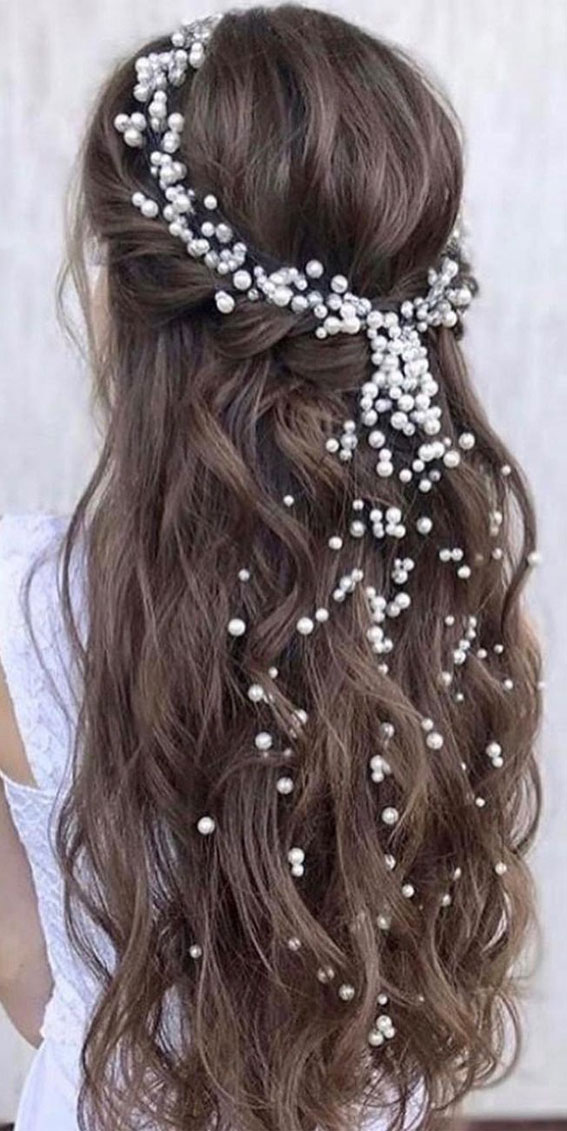 35 Enchanting Hairstyles for a Fairytale Wedding : Brunette Half Up with Pearls