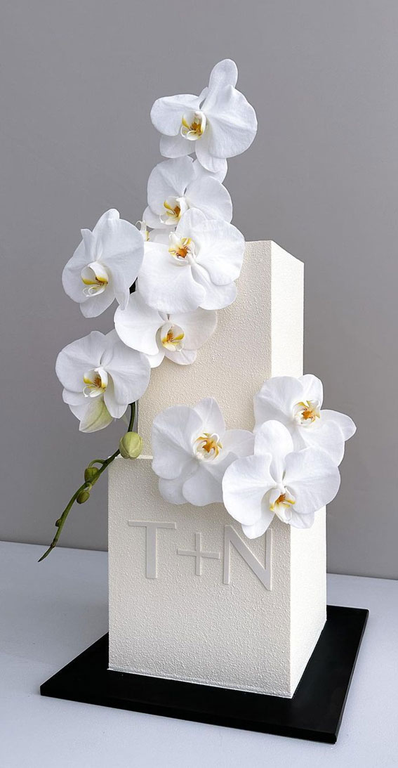 40 Eternal Elegance Wedding Cake Ideas : White Chocolate Spray Square Cake + Orchids
