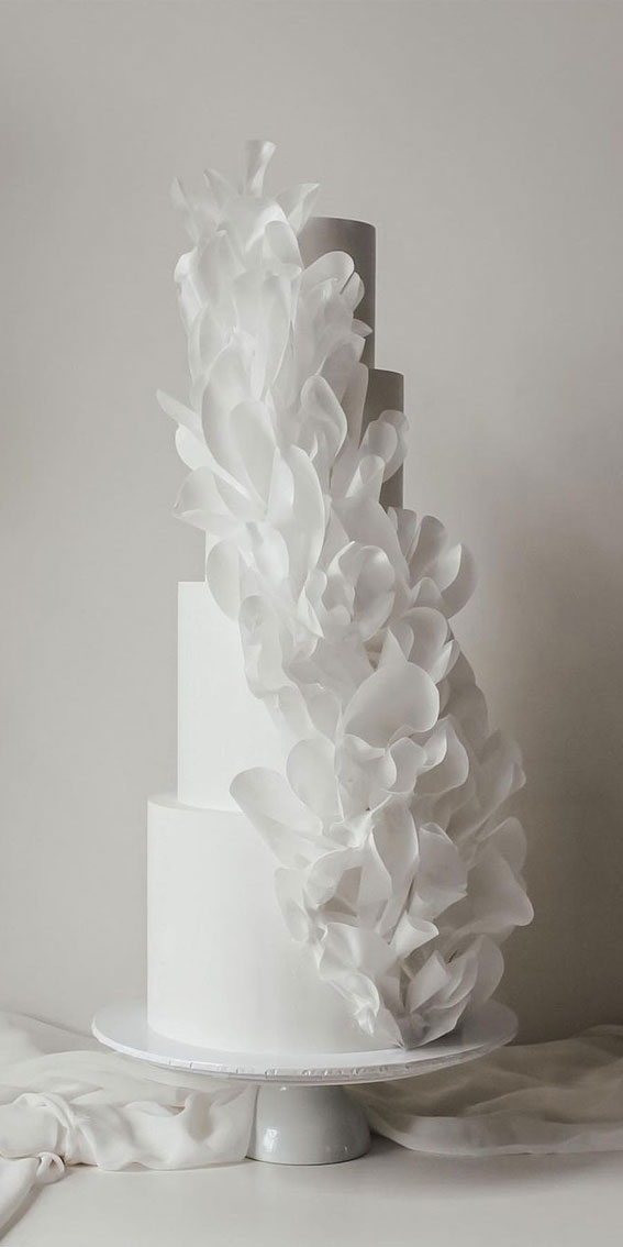 40 Eternal Elegance Wedding Cake Ideas : Four Tier All White with Cascading Raffles