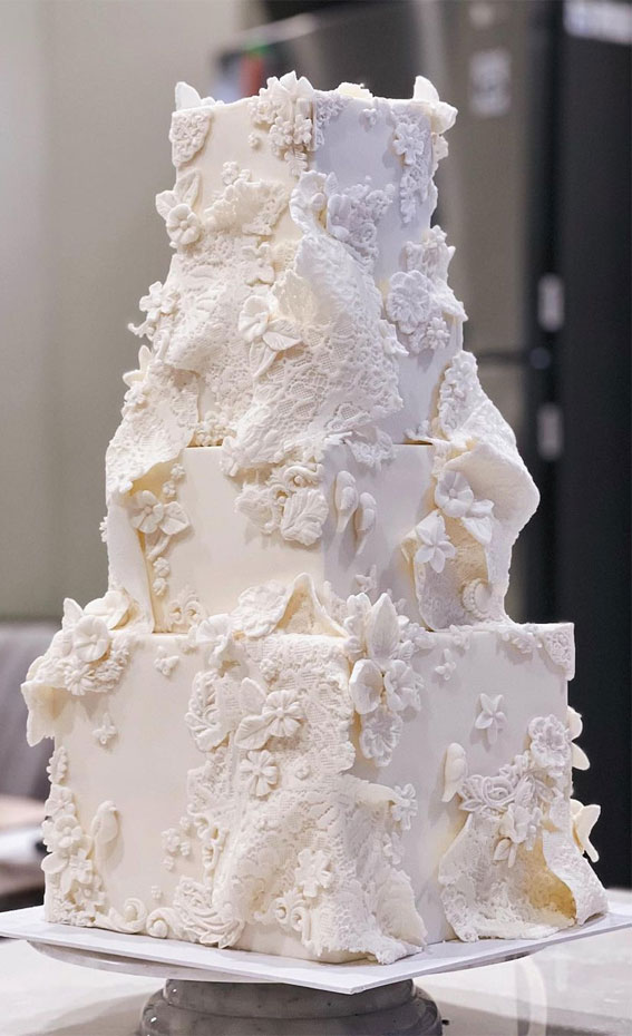 40 Eternal Elegance Wedding Cake Ideas : Lace & Floral Embossed White Cake