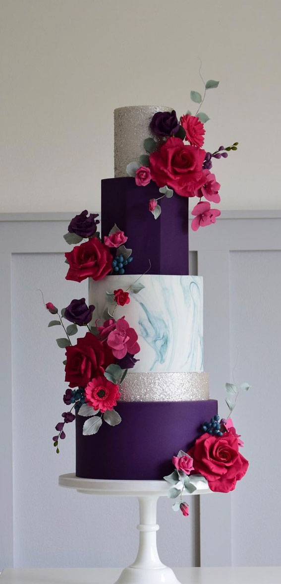 40 Eternal Elegance Wedding Cake Ideas : Bright colour combo of cerise, purple and teal