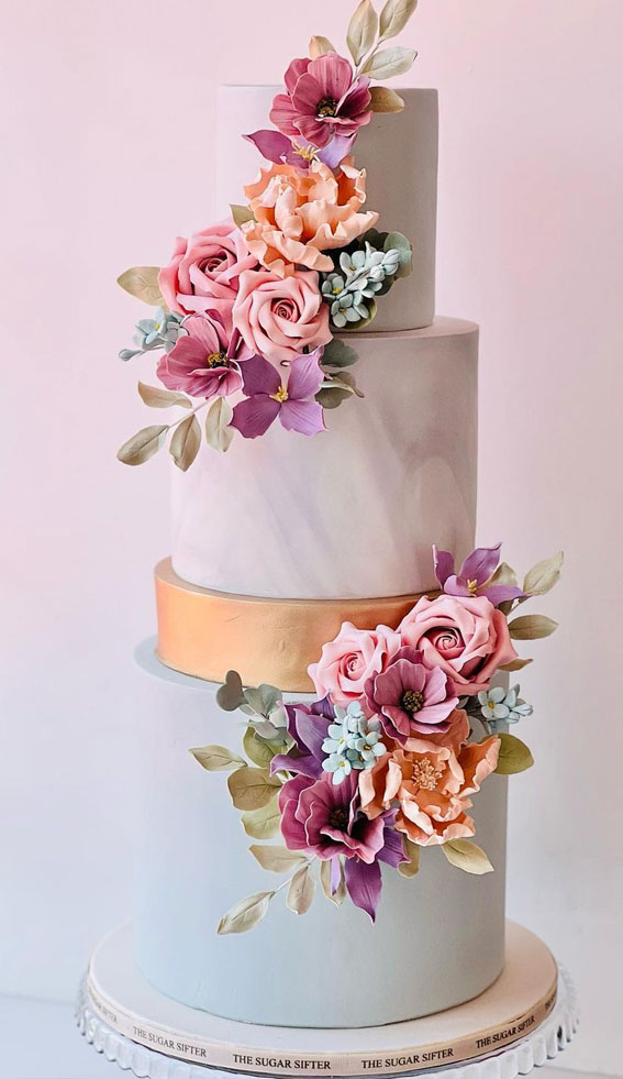 40 Eternal Elegance Wedding Cake Ideas : Pastel Blue & Grey Cake with a Hint of Gold