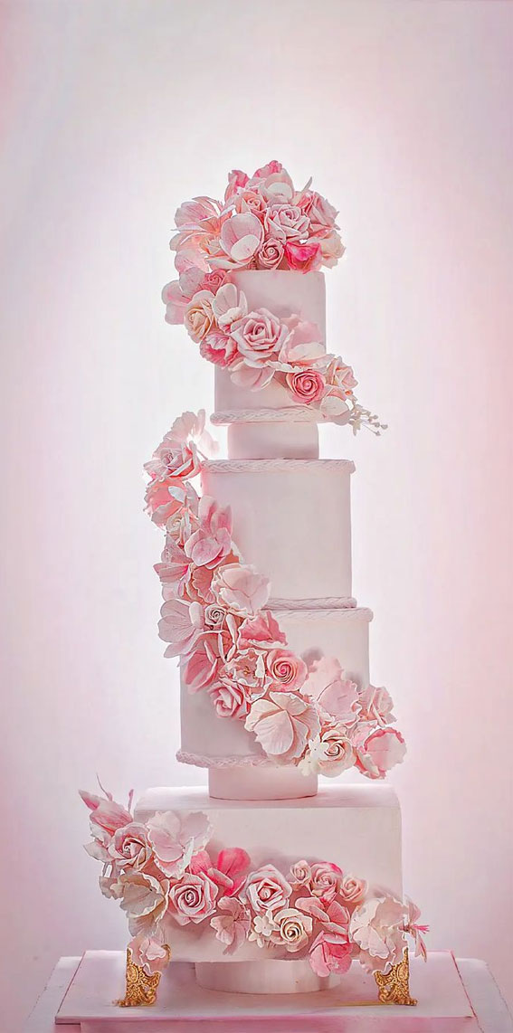 40 Eternal Elegance Wedding Cake Ideas : Ombre Pink Cascading Sugar Floral Cake