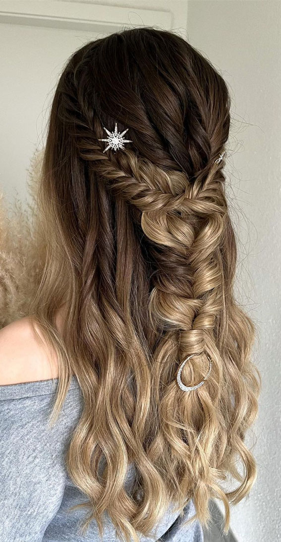 35 Enchanting Hairstyles for a Fairytale Wedding : Fishtail Braided Half Up + Star Hair Clip