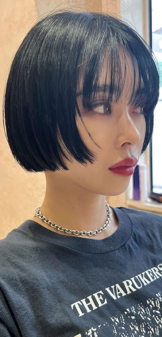 45 Versatile Bob Haircuts for Every Occasion : Dark Hair Bob with Long Fringe