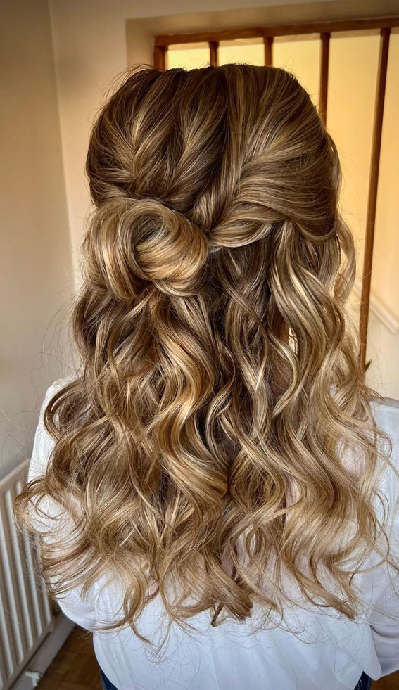 half up half down hairstyle, wedding half up half down hairstyle, boho half up, bridal hairstyle, bridal half up half down, wedding hair down, half up half down bridal hairstyle