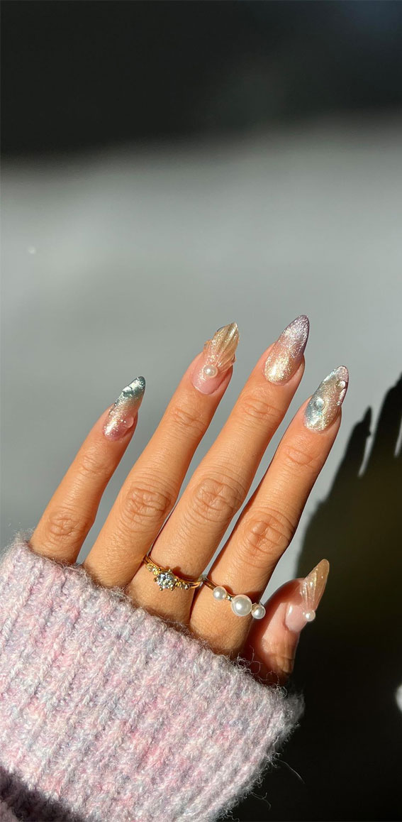 50 Pick and Mix Nail Designs for an Unboring Look : Shimmery Beach Inspired Nails