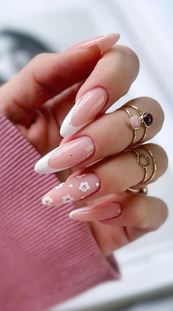 50 Pick and Mix Nail Designs for an Unboring Look : White French + Floral Nails