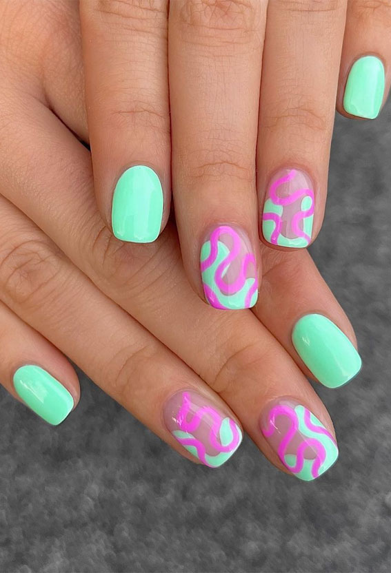 50 Pick and Mix Nail Designs for an Unboring Look : Mint Green & Pink Squiggle Nails
