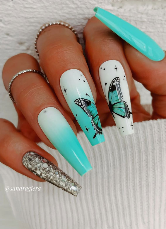 50 Pick and Mix Nail Designs for an Unboring Look : Blue Y2K Acrylic Nails