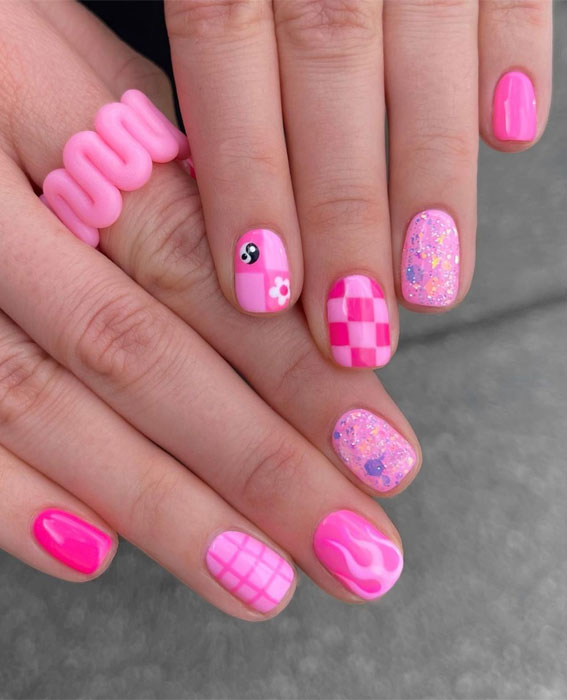 50 Pick and Mix Nail Designs for an Unboring Look : Mix n Match Pink Short Nails