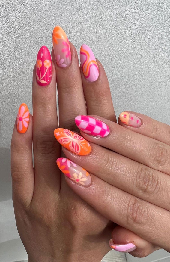 50 Pick and Mix Nail Designs for an Unboring Look : Mix n Match Pink & Orange Nails