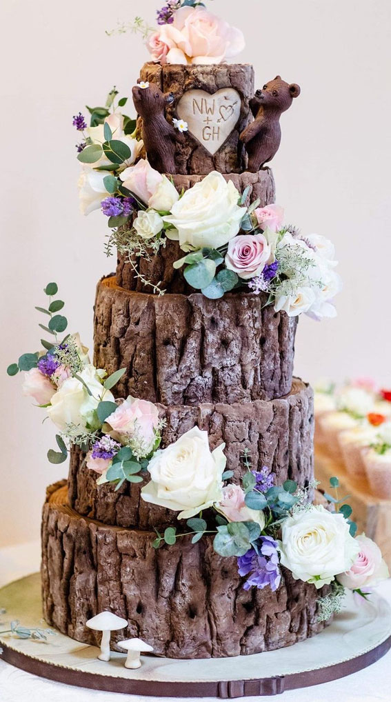 Woodland-inspired Wedding Cake Ideas : Toadstools, flowers and bears on Tree Stump Cake