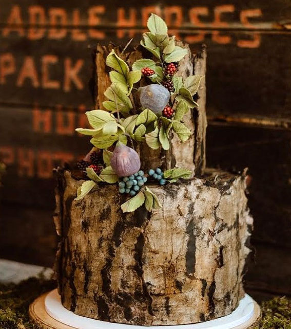 Woodland-inspired Wedding Cake Ideas : Tree Stump Effect Cake with Figs and Berries