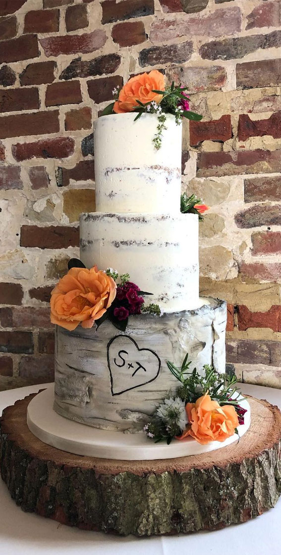 Woodland-inspired Wedding Cake Ideas : Grey Birch Wood Slice + Semi Naked Cake