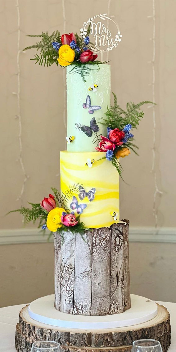 Woodland-inspired Wedding Cake Ideas : Wood Bark Effect + Mint & Yellow Cake