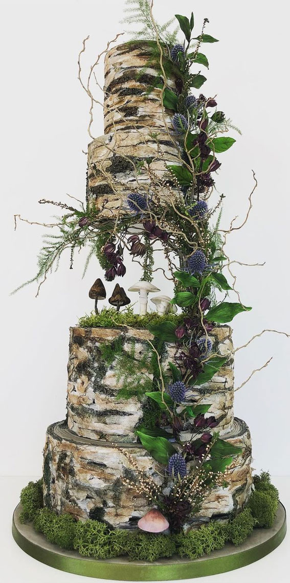 Woodland-inspired Wedding Cake Ideas : Bark-Effect Cake with Mushroom Details