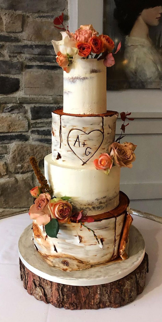 Woodland-inspired Wedding Cake Ideas : Autumnal Tree Trunk 4 Tier Wedding Cake