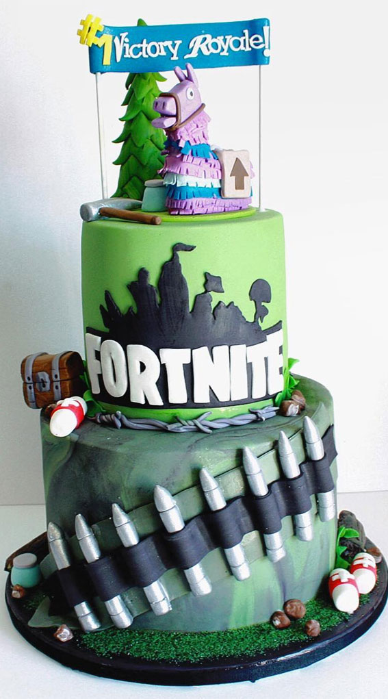 Fortnite Cake Ideas To Inspire You : Two-Tiered Green Sniper Fortnite Cake