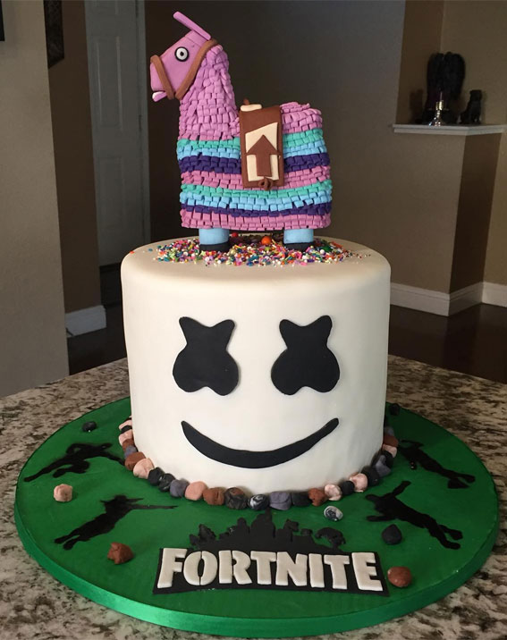 Fortnite Cake Ideas To Inspire You : Marshmallow Cake Topped with Loot Llama