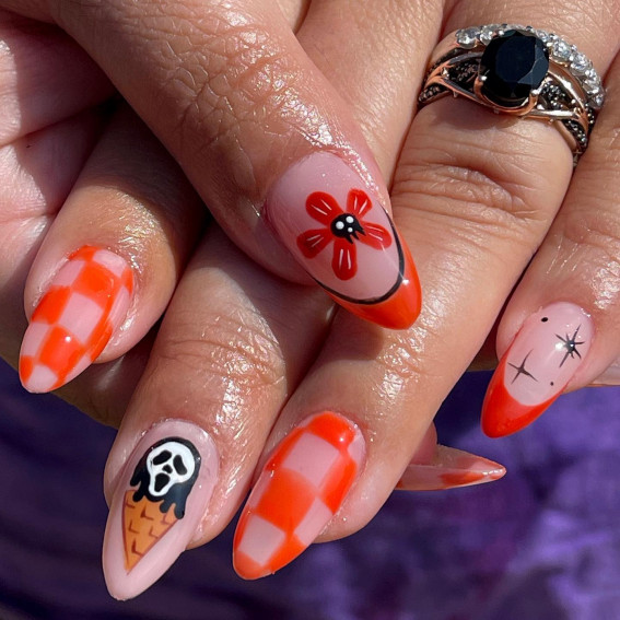 40 Wickedly Halloween Nail Art Ideas : Orange Pattern & Ghosty Ice Cream Nails