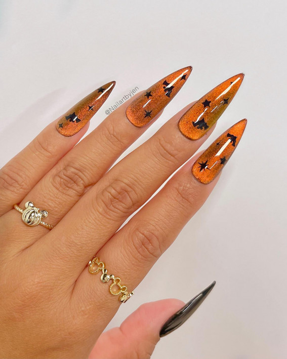 40 Wickedly Halloween Nail Art Ideas : Shimmery Glittery Orange Stiletto Nails