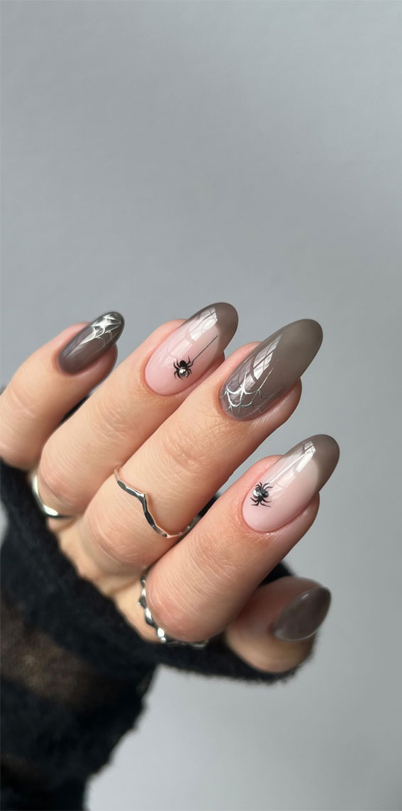 Dazzling Halloween Nails that Turn Heads : Spider on Brownish Grey Halloween Nails