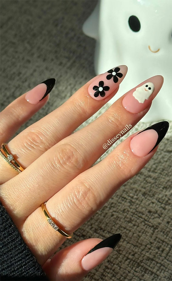 Dazzling Halloween Nails that Turn Heads : Black Flower & Ghost Nails