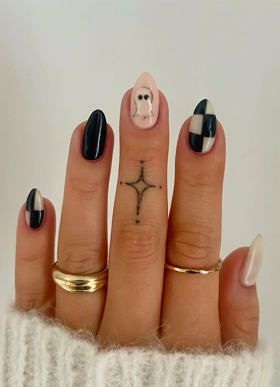 Dazzling Halloween Nails that Turn Heads : Checkerboard & Ghost Nails